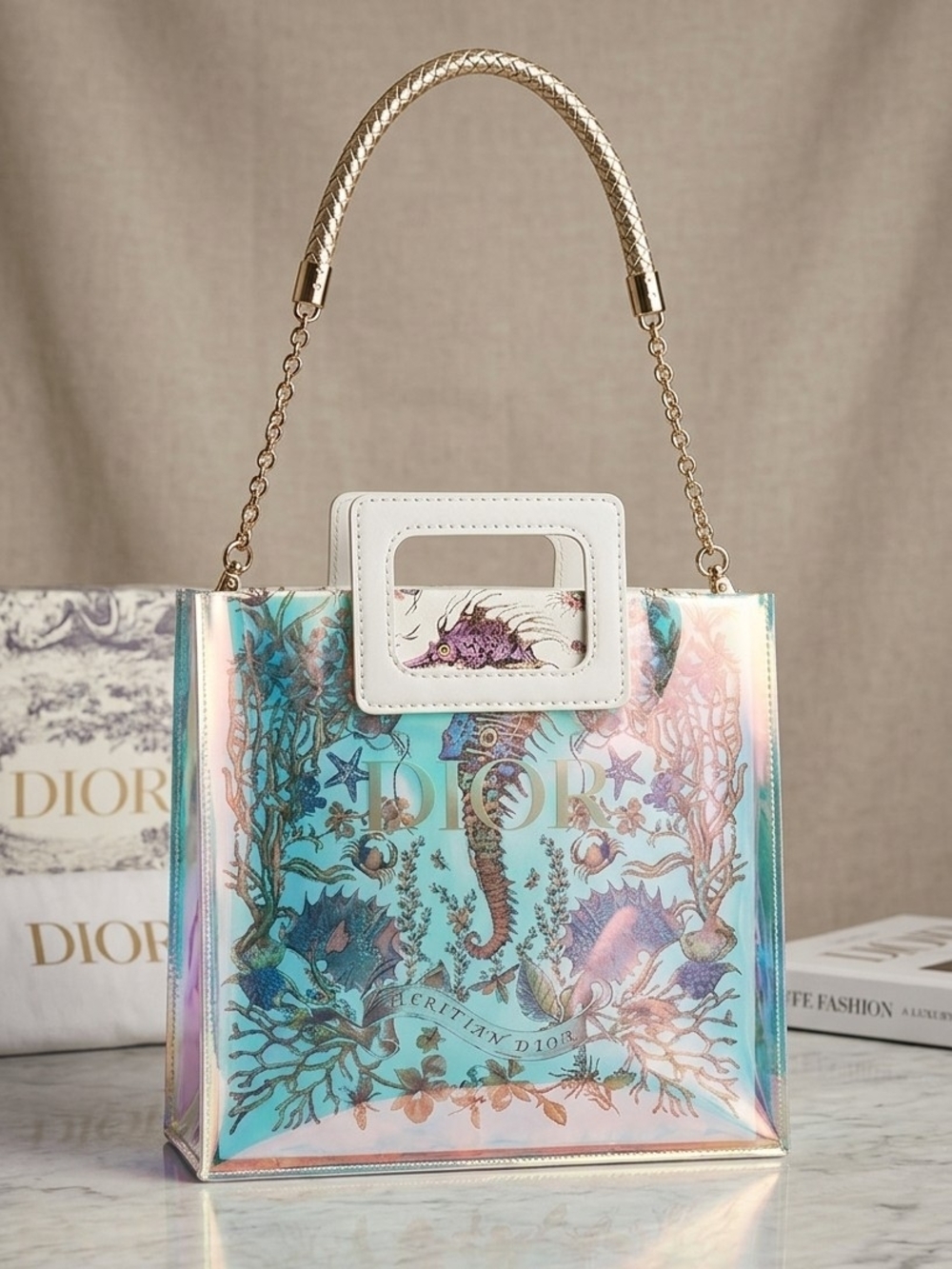 Dior Iridescent Sea Motif Tote in Turquoise, Pink & White